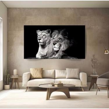 Imagem de Quadro Sala Casal Leão Leoa Decorativo Cor Preto Branco Produto Qualidade 4k Armação Impresso Nas Laterais