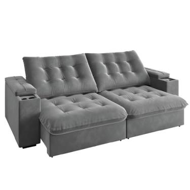 Imagem de Sofá Retrátil e Reclinável 3 Lugares 2,30m com Porta Copos Veludo New Coliseu Cinza Selmer