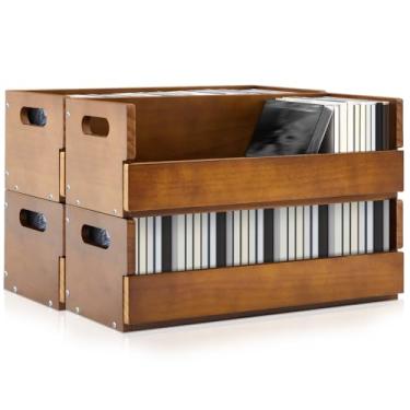 Imagem de CroBlissful 4 unidades de caixa de armazenamento de CD de madeira, suporte de CD, suporte de fita cassete com alças de transporte, prateleira organizadora para capas de filmes, DVDs, organizador de