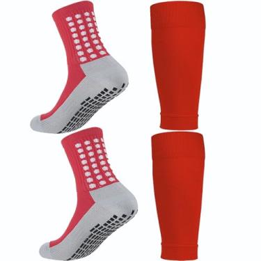 Imagem de KMOLY 1 Conjunto De Meias Futebol Com Aderência Para Crianças E Caneleiras Meninos 7 A 14 Anos, Treinamento Basquete (Vermelho)