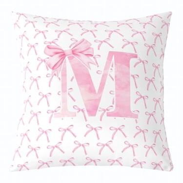 Imagem de Capa de almofada infantil com laço de desenho animado, gravata borboleta rosa letra M nó princesa dupla face fronha meninas mulheres, laço aquarela patchwork rosa branco cama sofá capa de almofada