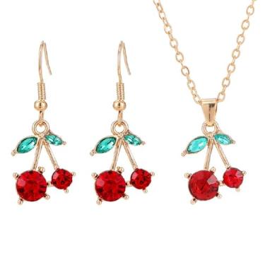 Imagem de Brinco de cereja de cristal vermelho conjunto de joias criativo bonito verão fruta tropical cesta gargantilha doce brilhante folha verde rubi vermelho cereja argola brincos joias para mulheres, Zinco