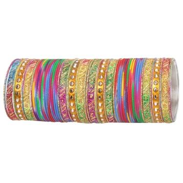 Imagem de Touchstone Coleção de pulseiras coloridas indianas de Bollywood com lantejoulas coloridas texturizadas ao toque, embelezador de pulso de designer Conjunto de 122 cm tom dourado antigo para mulheres, M