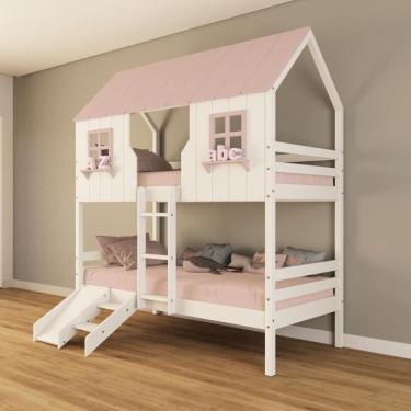 Imagem de Beliche Casinha Encantada Com Kit Escada/ Escorregador Madeira Maciça Branco/ Rosa Housin
