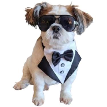 Imagem de C04 Conjunto de fantasia de animal de estimação retrô + smoking gravata borboleta babador de raças pequenas a médias 5,4-13,6 kg adereço de festa cosplay sessão de fotos (preto aviador + babador de