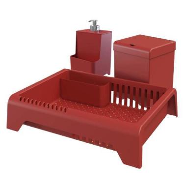 Imagem de Kit Pia com Escorredor + Lixeira e Dispenser de Plástico - Stolf, Verm