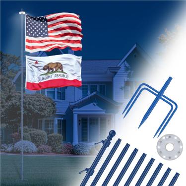 Imagem de ZMTECH Mastro de bandeira resistente de 3 m com luz solar e base de 5 pontas no chão para quintal, aço inoxidável giratório sem emaranhados, à prova de vento, adequado para 2 bandeiras, 1 pacote, azul