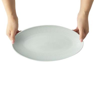 Imagem de Prato de cerâmica estilo nórdico, talheres de mesa listrados simples sob o esmalte - prato de peixe de 30,5 cm - azul celeste e branco