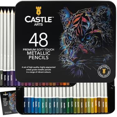 Imagem de Castle Art Supplies Conjunto de lápis de cor metálica | 48 tons brilhantes com núcleos de cera para artistas profissionais e adultos | Apresentado em caixa de estanho