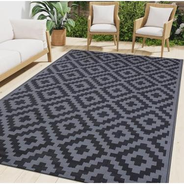 Imagem de Smiry Tapete impermeável para ambientes externos 1,2 x 1,8 m, tapetes de plástico reversível, tapete de acampamento para pátio, entrada externa, quintal, deck, banco, piquenique, campista, preto e