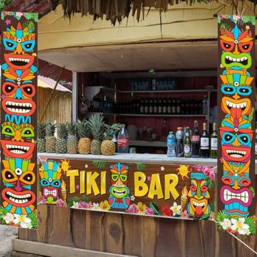 Imagem de Decoração de festa Luau Tiki Totem Banner de porta 3 peças Tiki Banner Luau Alpendre Capa havaiana para Aloha Havaí Luau Tropical Moana Aniversário Carnaval Festa Pendurada na Parede Presente de Decoração ao Ar Livre