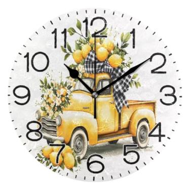 Imagem de Relógio de parede de caminhão à moda antiga amarelo limão operado por bateria sem tique-taque silencioso quartzo analógico rústico casa de fazenda relógio redondo decoração retrô para casa cozinha