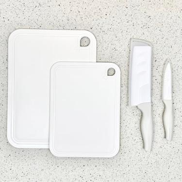 Imagem de Conjunto de cozinha multiuso de 4 peças, facas de cerâmica afiadas, bainha protetora de armazenamento, tábuas de corte brancas, superfície antiderrapante, sulcos de suco, conjunto de cozinha para