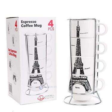 Imagem de Conjunto de 4 xícaras de chá de café de porcelana branca com suporte de metal em caixa de 113 ml. cada torre empilhável Desing Eiffel