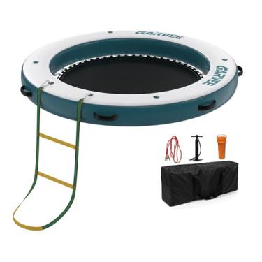Imagem de GAOMON Doca flutuante inflável de 2,8 x 2,3 m, plataforma flutuante redonda inflável com área de natação de malha, plataforma de EVA antiderrapante e escada de corda, barcos, piscina, lago, praia