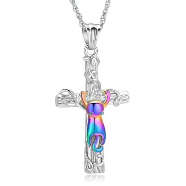 Imagem de QGJNSGC Colar de urna com cruz para cinzas, colar de cruz, pingente de gato, joia de cremação, aço inoxidável, lembrança de cristãos, urna de animal de estimação, pingente de cinzas, colar masculino