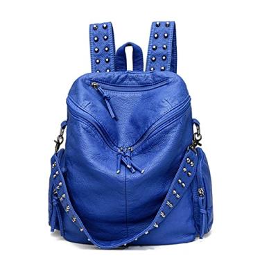 Imagem de Mochila De Viagem Feminina Bolsa De Ombro Retrô Rebites De Couro Mochila De Grande Capacidade, Blue, 28x13x34cm
