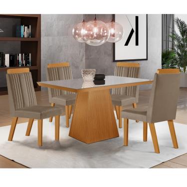 Imagem de Conjunto Sala de Jantar Mesa Prada com Tampo de Vidro 120cm e 4 Cadeiras em MDF Florença LJ Móveis - Castanho Cinamomo/ Capuccino/Off White
