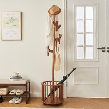 Imagem de MYOTA Cabideiro independente, cabideiro de madeira com 12 ganchos, suporte de madeira maciça com suporte de guarda-chuva, rodas para quarto, entrada, corredor, sala de estar, escritório (nogueira)