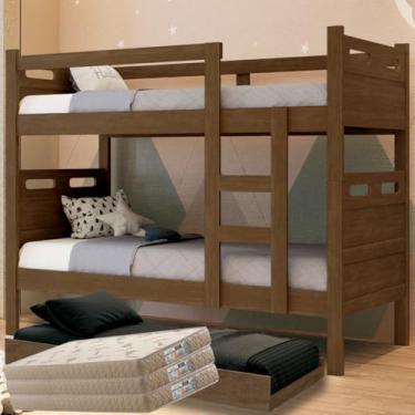 Imagem de Treliche Com Colchões D33, Reforçada, Beliche Barreto com Cama Auxiliar, 3 Colchões D33 Premium, Multifuncional, 3 Camas (Legno)