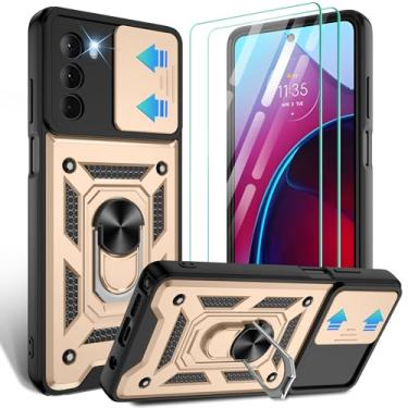 Imagem de Gritup Capa para Moto G Stylus 5G-2022 com capa deslizante para câmera | Pacote com 2 protetores de tela HD | Suporte de metal giratório de 360° | Proteção à prova de choque de grau MIL, dourado