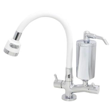Imagem de Torneira de Cozinha de Mesa Branco Com Filtro Blindado Cromado Cone Gourmet Bica de Inox Flexível