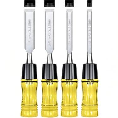 Imagem de GREBSTK Conjunto de Cinzel de Madeira de 8 Pol. para Marcenaria, 4 Peças de Cinzéis de Bancada de Aço Cromo Vanádio com Borda Chanfrada e Tampa, Cabo de Pvc Confortável de Alto Impacto