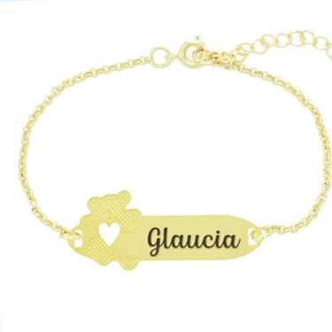 Imagem de Pulseira Personalizada Ursinho Coração Nome Glaucia Banhado Ouro 18K - 999017339