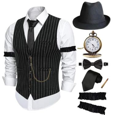 Imagem de ZeroShop Fantasia masculina de Halloween anos 20 Peaky Blinders Roaring 20s Gangster Mobster Outfit, Colete listrado de chapéu liso, GG