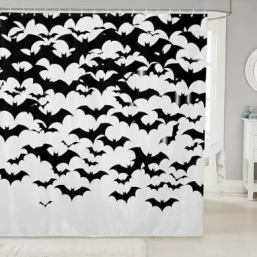 Imagem de Manfei Cortinas de banheiro com estampa de morcego de desenho animado com morcegos pretos, cortinas de banheiro góticas à prova d'água com 12 ganchos para banheira, decoração de quarto de meninos e