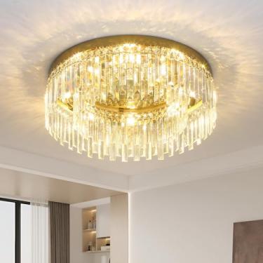 Imagem de Axamate Lustres de cristal dourado de 61 cm, luz de teto de montagem embutida, 8 luzes de teto de cristal moderno, luminária grande de lustre redondo para sala de jantar, sala de estar, quarto