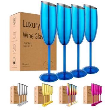 Imagem de UNISWEET Conjunto de 4 taças de champanhe, taças de champanhe de aço inoxidável para casamento e festa de aniversário, taça de champanhe inquebrável de boca inclinada de 200 ml com haste longa e