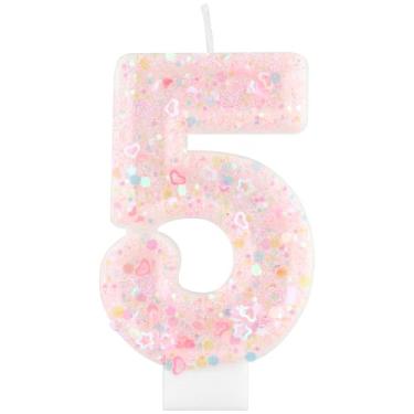 Imagem de iNINGER Velas com número de aniversário, número 5 com glitter rosa, topo de bolo com velas de aniversário para meninas e mulheres, lembrancinhas de aniversário