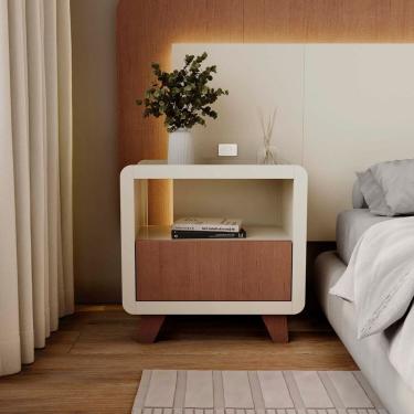 Imagem de Mesa de Cabeceira 55cm com Gaveta e Nicho 100% Mdf Padrão Planejados Mabel Off White / Castanho