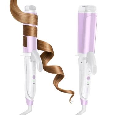 Imagem de FURIDEN Lite Modelador de cachos de voltagem dupla: barril de cerâmica de 3,8 cm de tensão inteligente para viajantes de cabelos longos - modelador de cachos de viagem europeu com grampo roxo