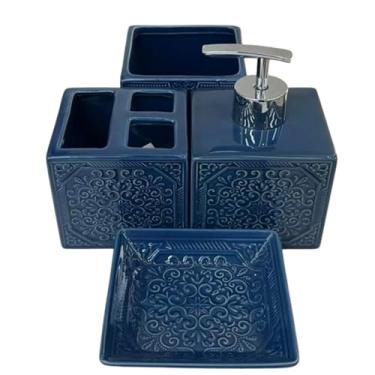 Imagem de Kit Conjunto de Saboneteira Banheiro Vintage Luxo, 4 Peças, em Porcelana Azul com Detalhes Europeus Decorativos, Dispenser de Sabonete Luxo