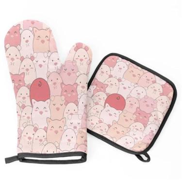 Imagem de Conjuntos de suporte de panela de luva de forno de porco rosa para cozinha, luvas de forno resistentes ao calor, luvas antiderrapantes para panelas, almofadas decorativas para churrasco, cozinhar