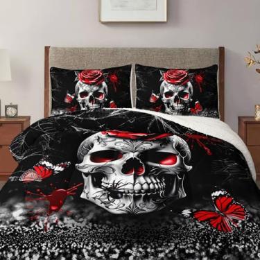 Imagem de lneffble Jogo de cama com estampa de caveira Queen sherpa, osso de esqueleto, rosa e aranha, vermelho e preto, para meninos e meninas, gótico fofo e quente (1 edredom felpudo, 2 fronhas) para
