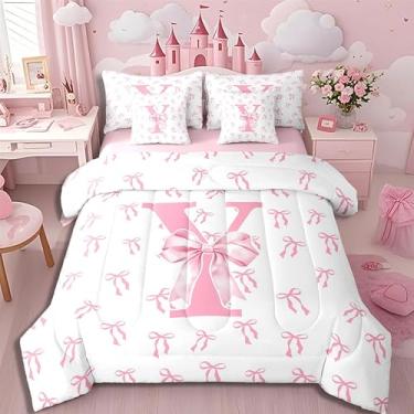 Imagem de Erosebridal Jogo de cama com estampa de princesa rosa fofa, para crianças, mulheres, aquarela, letra Y, 7 peças, conjunto de lençol com laço e laço feminino