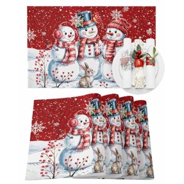 Imagem de Jogo americano de chapéu de Natal, conjunto de 4 lenços, boneco de neve, coelho, baga, inverno, neve, vermelho, tapete para mesa de jantar, tapete de mesa lavável de poliéster para decoração de casa