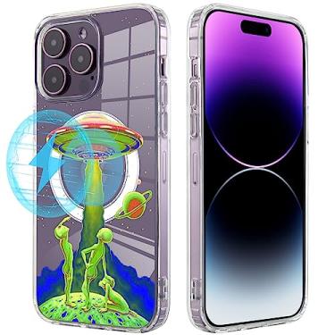 Imagem de Roemary Compatível com MagSafe projetada para iPhone 15 Pro com estampa de alienígenas OVNIs, capa de telefone de TPU transparente com carregamento magnético sem fio transparente para iPhone 15 Pro