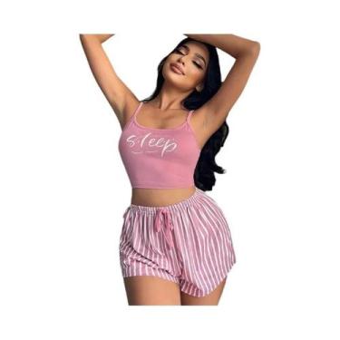 Imagem de Conjunto De Pijamas Femininos Com Estampa De Letras Rosa, Casual De Ve