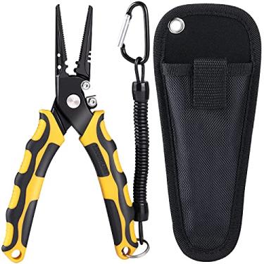 Imagem de Sougayilang Alicate de pesca, ferramentas de pesca de aço inoxidável 420, equipamento de pesca resistente à água salgada com alça de borracha, bainha e cordão, cortadores de carboneto de tungstênio