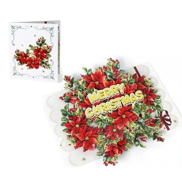 Imagem de Cartão de Natal pop-up 3D – Guirlanda festiva de poinsétia com saudação "Feliz Natal" – Cartão de Natal elegante para família, amigos e colegas, X56