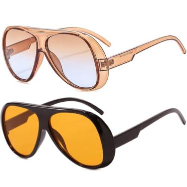 Imagem de BAODAREN Óculos de sol aviador retrô da moda para mulheres e homens anos 70 vintage armação grande estilo escudo UV400 Shades BS2500, Pacote com 2 (lente azul gradiente marrom + lente laranja