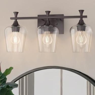 Imagem de Luminária de banheiro sobre espelho, 3 luzes modernas com vidro de vinho transparente para banheiro, lâmpada de parede de bronze polido a óleo para cozinha, sala de estar, corredor (preto)