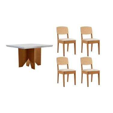 Imagem de Conjunto Sala de Jantar Nevada c/ Tampo Madeirado c/ Vidro Canto Curvo 90x90cm e 4 Cadeiras Havana Premium Naturale/Off White - Capuccino/Suede Creme-