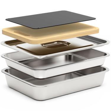 Imagem de Sirozi Conjunto de 5 bandejas de preparação de churrasqueira, bandeja de aço inoxidável para preparação e servir, recipiente de marinada com tampa, placa de descongelamento, tábua de corte, acessórios