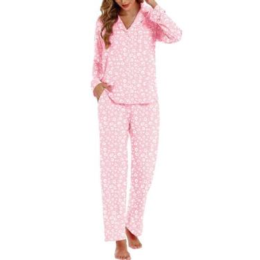 Imagem de Conjunto de pijamas feminino LUBOT, viscose, amanteigado, rosa macio, 