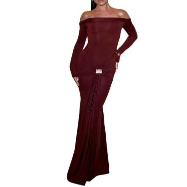 Imagem de Vestido Unybwonn Vestido longo feminino cor de vinho sem ombros